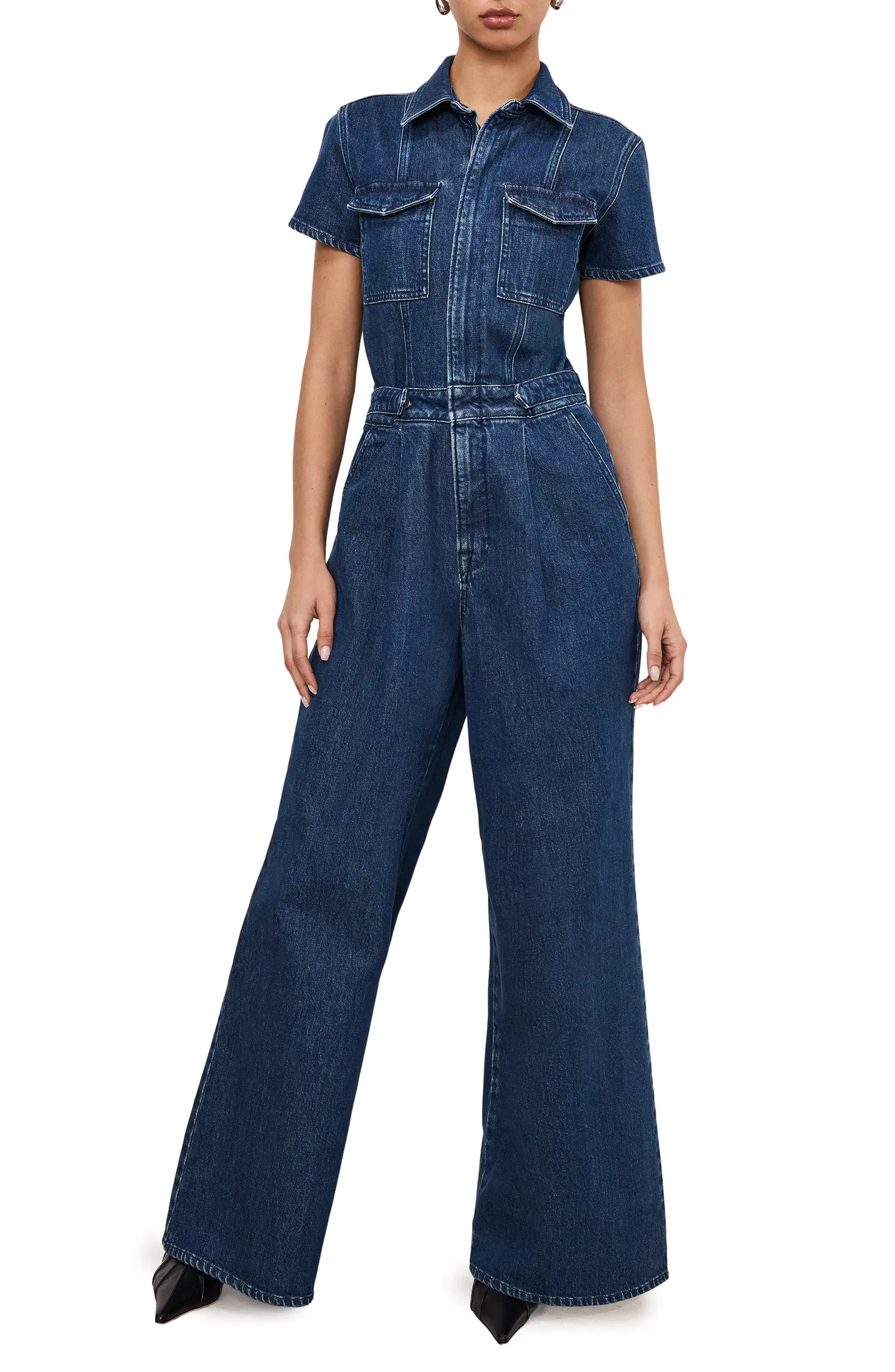 Good American Fit for Success Pleated Wide Leg Denim Jumpsuit | Nordstrom | Nordstrom