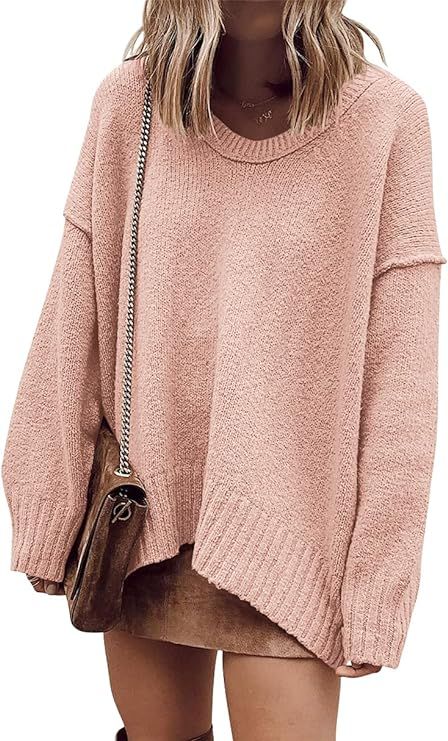 Prinbara Women's Oversized Long Sleeve V Neck Off The Shoulder Baggy Comfy Knit Pullover Sweaters | Amazon (US)