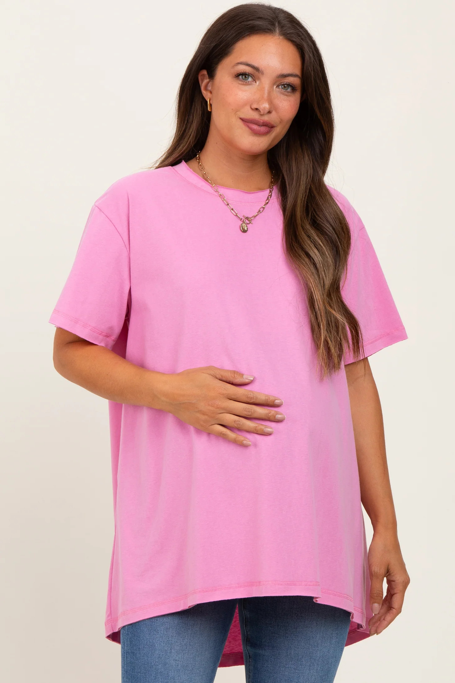 Pink Oversized Cut Hem Maternity Short Sleeve T-Shirt | PinkBlush Maternity