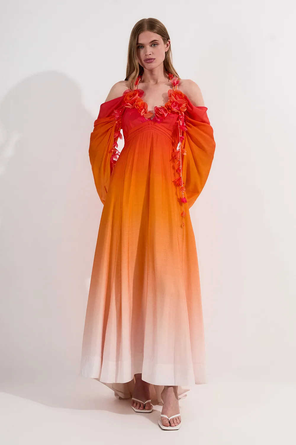 Orange Karen Millen Ombre Applique Printed Cold Shoulder Woven Maxi Dress | Boohoo USA | boohoo (US & Canada)