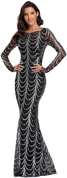 Womens Tulle Mermaid Sequin Long Sleeve Evening Dress Formal Prom Gowns | Amazon (US)