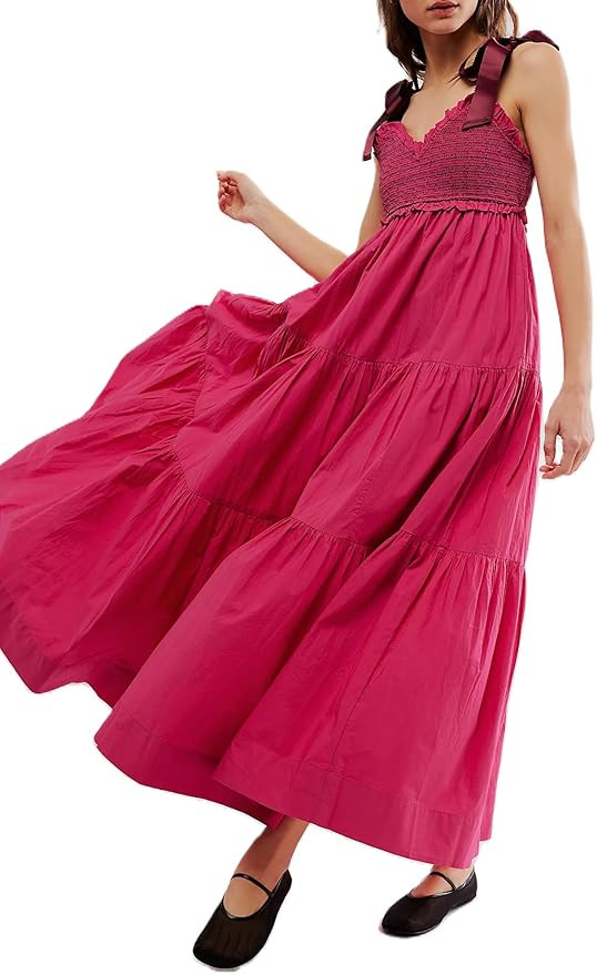 Women Summer Floral Spaghetti Strap Dress Flowy Smocked Tie Up Shoulder Boho Maxi Flowy Swing Dre... | Amazon (US)