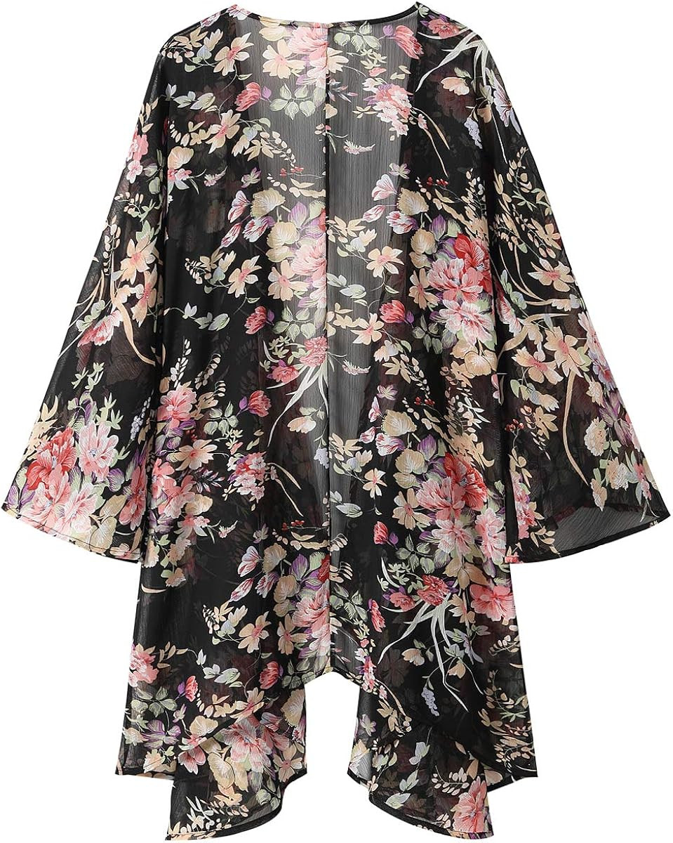 OLRAIN Women's Floral Print Sheer Chiffon Loose Kimono Cardigan Capes | Amazon (US)