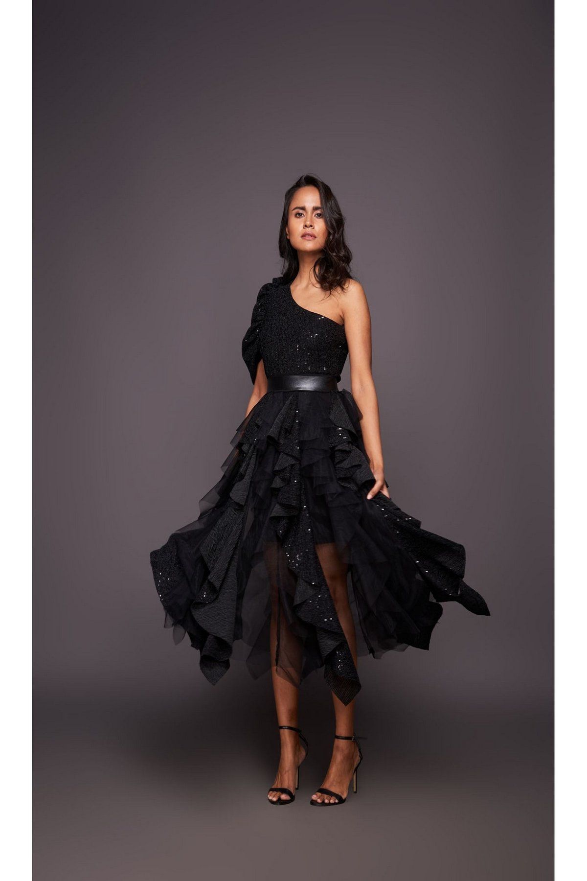 Black one shoulder bodysuit with sequin ruffled skirt | THE LNK