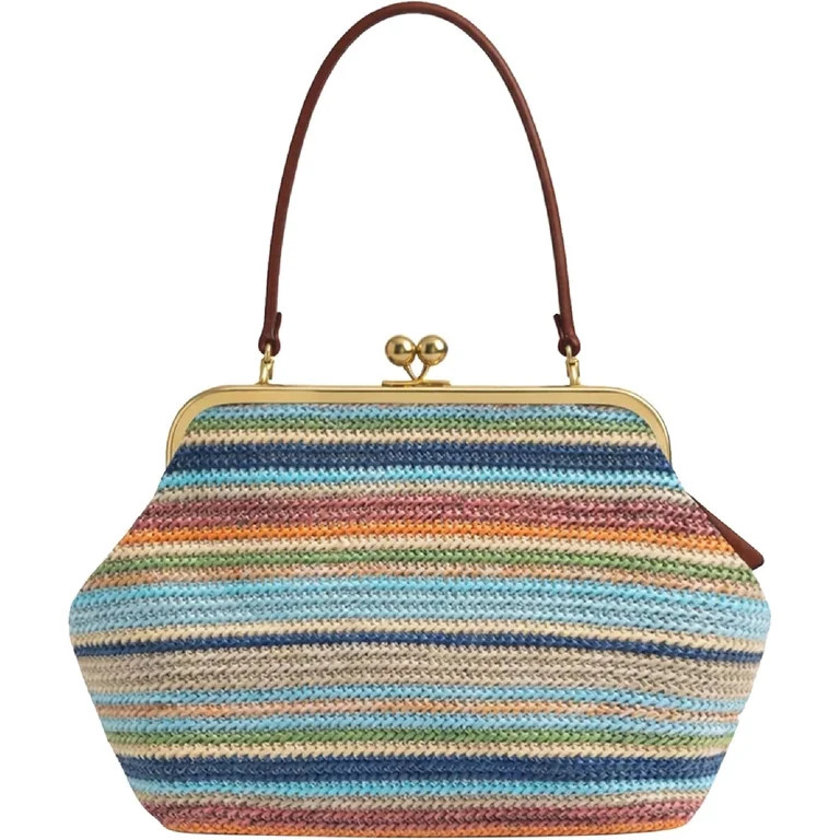 Kiss Lock Woven Straw Handbag, Large Capacity Rainbow Striped Shoulder Bag with Metal Frame, Summ... | Walmart (US)