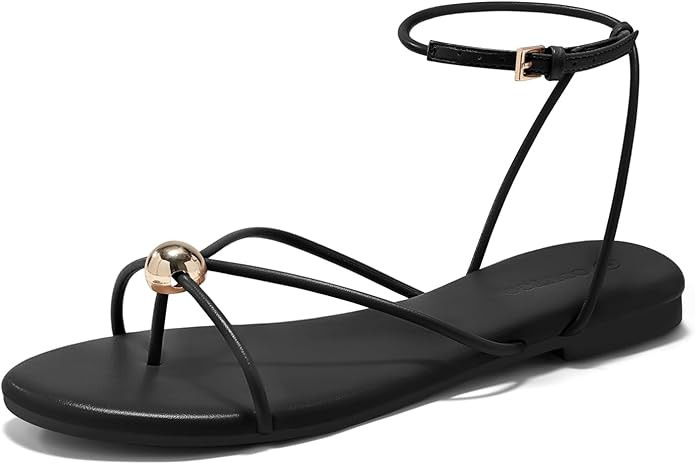 Coutgo Womens Strappy Flat Sandals Open Toe Flip Flops Sandals Ankle Strap Summer Beach Shoes | Amazon (US)