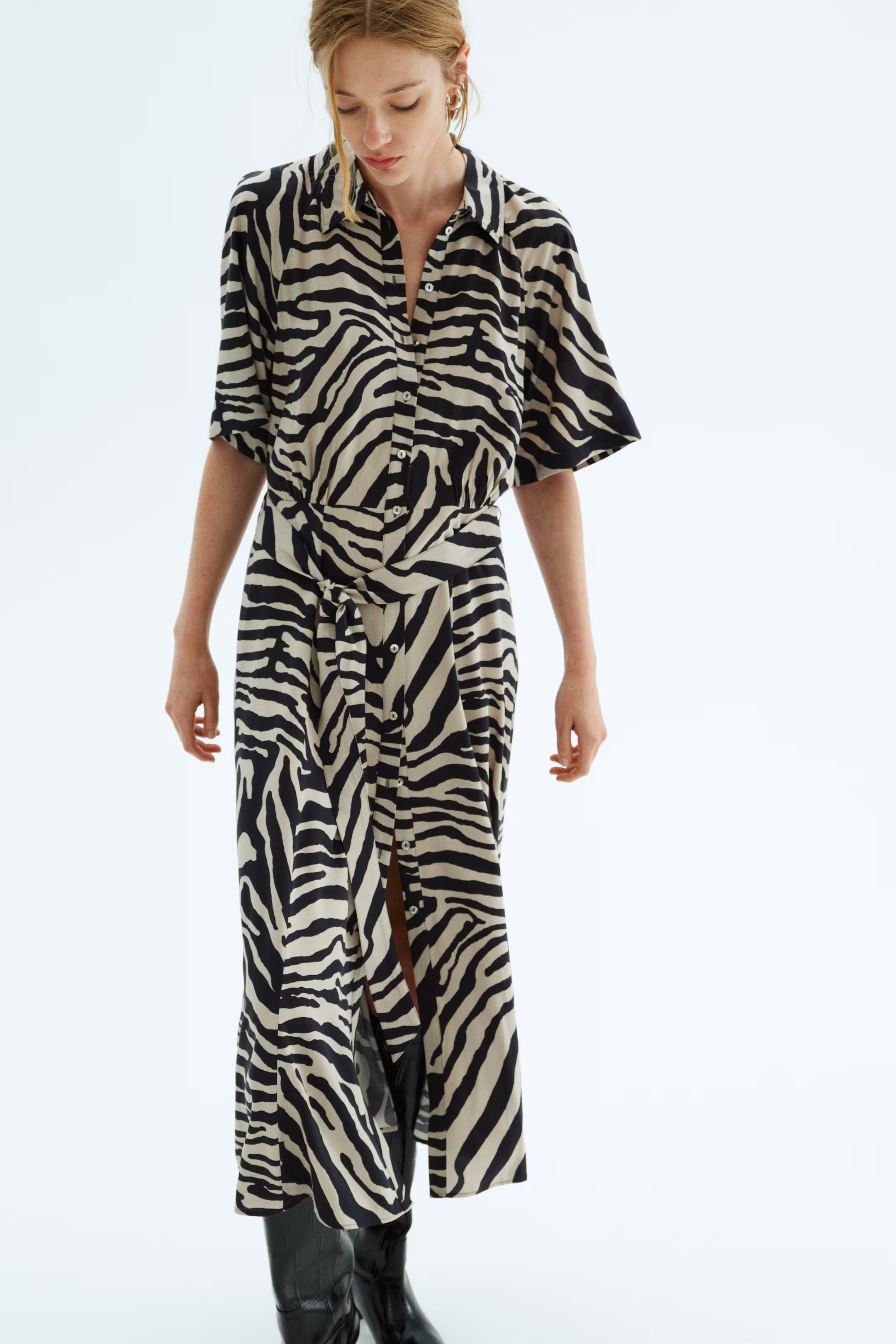 Tie-belt Shirt Dress - Cream/zebra print - Ladies | H&M US | H&M (US + CA)