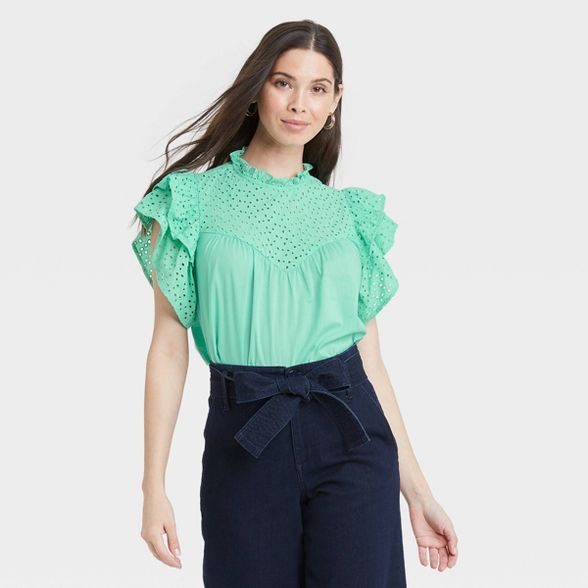 Women's Flutter Short Sleeve Eyelet Top - A New Day™ | Target