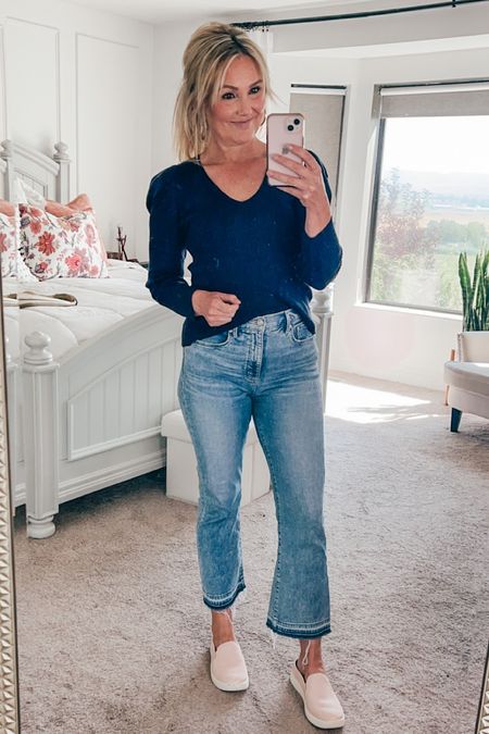 Navy sweater my true size small 
Kick crop jeans (linking this years version) wearing size 28
Shoes no longer available 

#LTKunder100 #LTKBacktoSchool #LTKstyletip