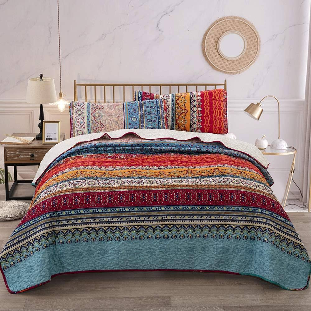 WONGS BEDDING Bohemian Quilt Set Queen, Boho Striped Pattern Printed Bedspread Coverlet Set for A... | Amazon (US)