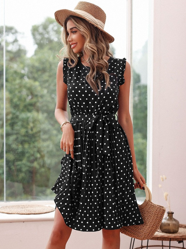 Polka Dot Ruffle Trim Pleated Hem Belted Dress | SHEIN