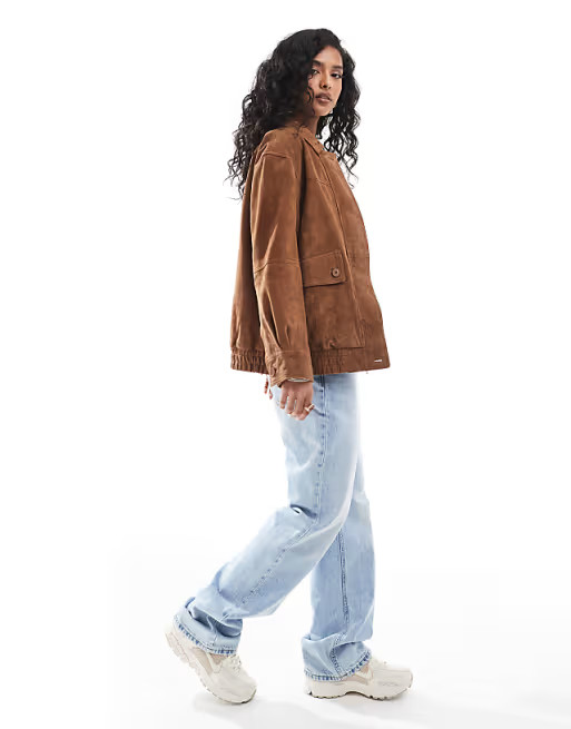 ASOS DESIGN real suede oversized bomber in tan | ASOS | ASOS (Global)