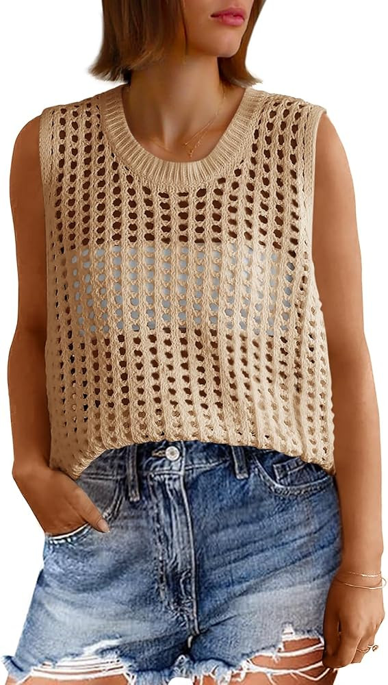 Fisoew Womens Summer Crochet Tank Tops Sleeveless Scoop Neck Loose Knit Sweater Vest Boho Hollow ... | Amazon (US)
