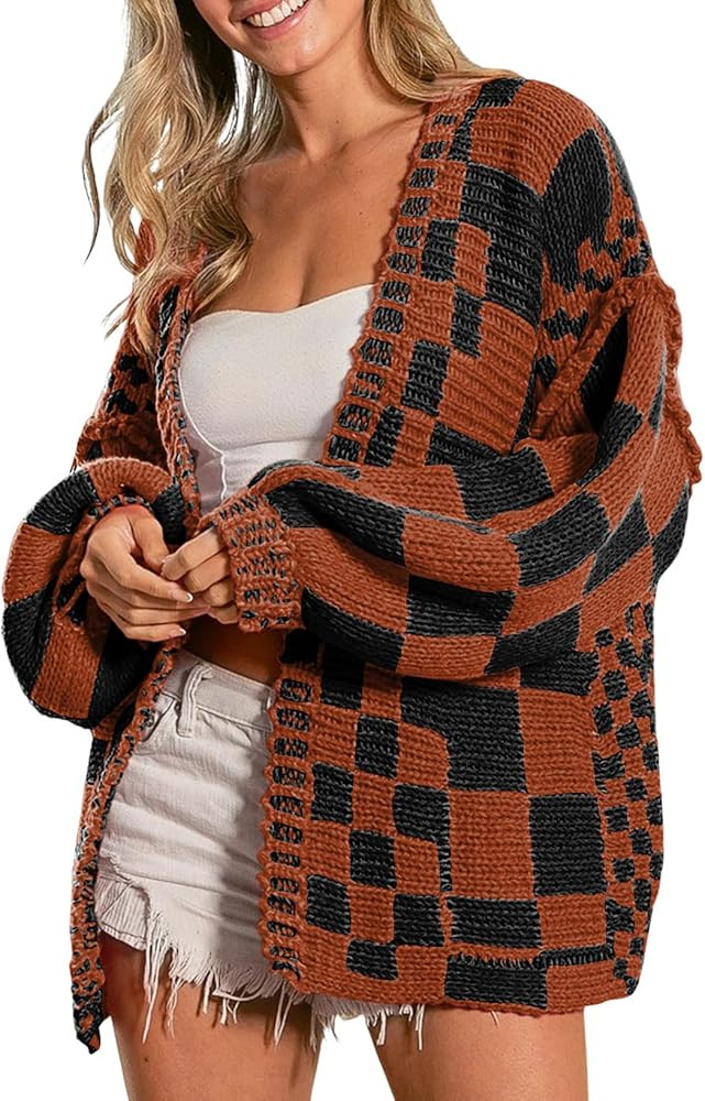 SELINK Women's Cardigan Sweater Vintage Open Front Mixed Checkered Pattern Chunky Knit Plaid Long... | Amazon (US)