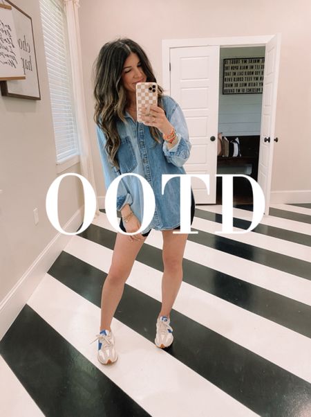 •denim shirt - true to size; wearing normal size small
•biker shorts - run small; size up if between or want more loose
•new balance - true to size 

#LTKFindsUnder50 #LTKStyleTip #LTKShoeCrush