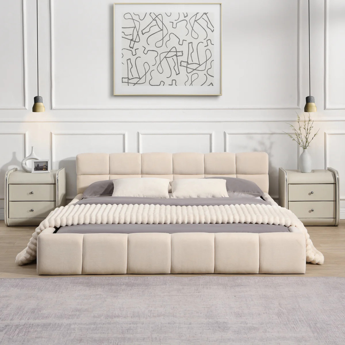 Streamdale Elegant Beige Chenille Upholstered Bed with Checkerboard Design, Queen, Beige | Shop Simon