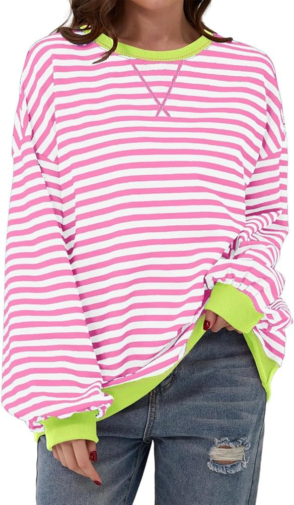 AlvaQ Womens Oversized Sweatshirt 2024 Casual Crewneck Long Sleeve Colorblock Striped Pullover Tu... | Amazon (US)
