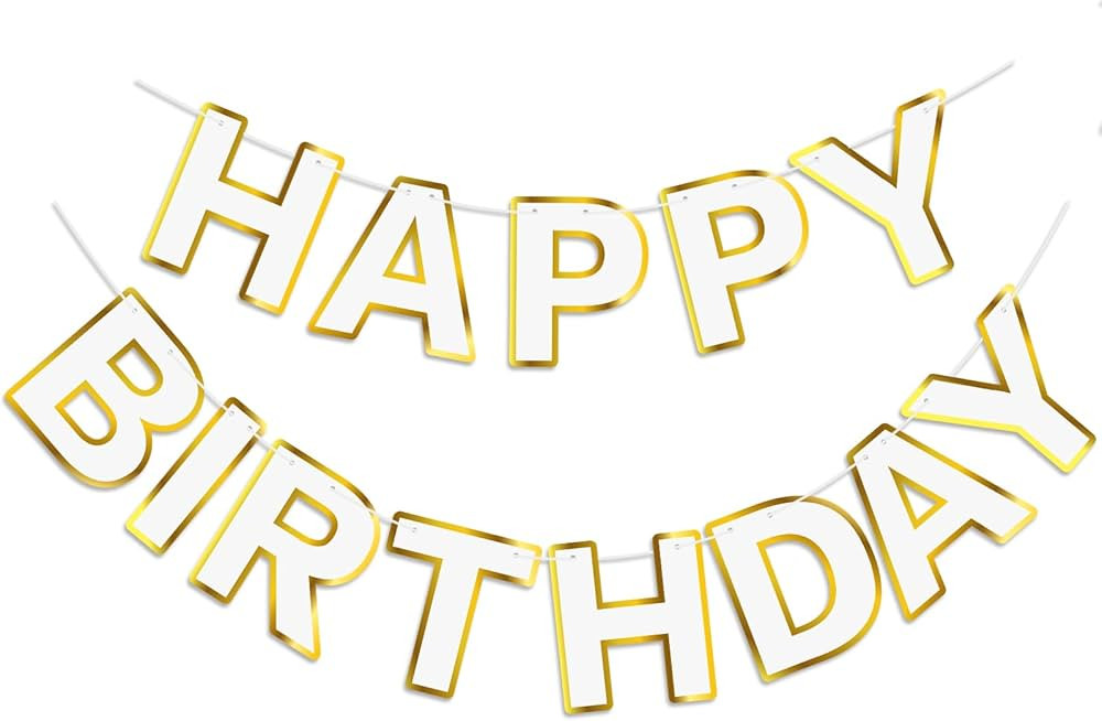 White Happy Birthday Banner Sign, Golden Border Happy Birthday Bunting Banner Flag Garland for Ki... | Amazon (US)