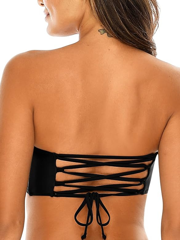 RELLECIGA Women's Bathing Suit Adjustable Back Lace-up Bandeau Bikini Top | Amazon (US)