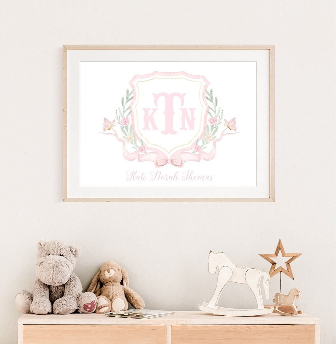Watercolor Crest Girl Nursery, Monogram Nursery Wall Art, Pink Girl Monogram, Watercolor Floral N... | Etsy (US)