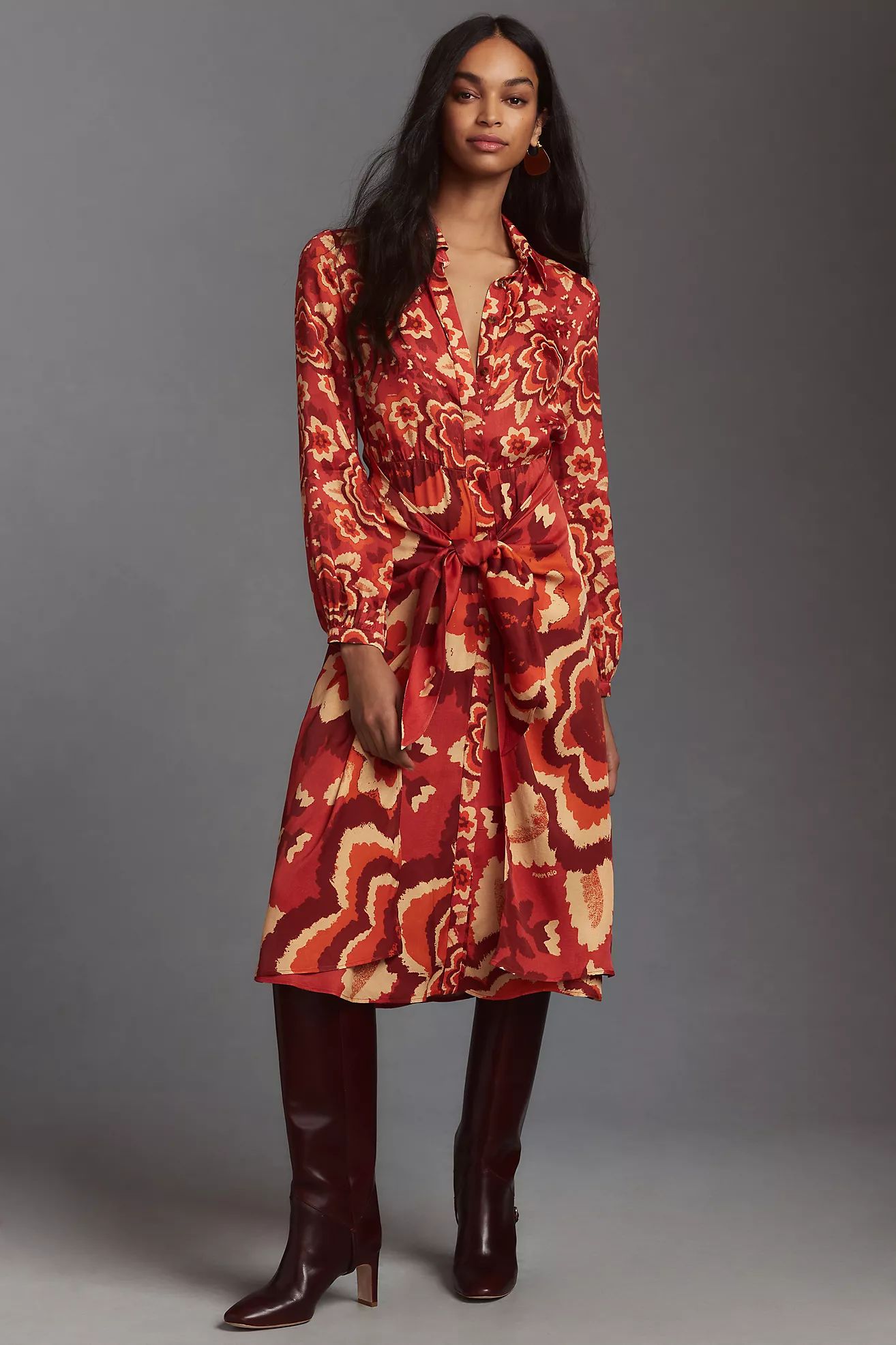 Farm Rio Long-Sleeve V-Neck Floral Midi Shirt Dress | Anthropologie (US)