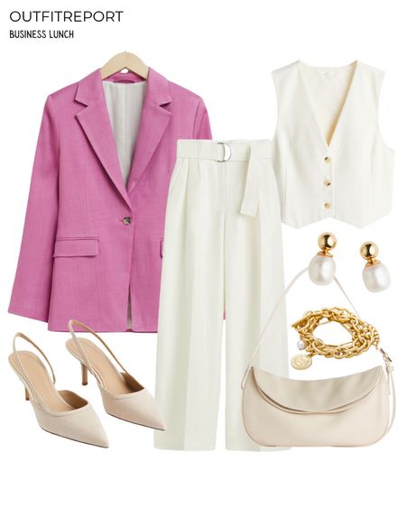 Pink blazer trousers vest and sling backs white handbag 

#LTKshoecrush #LTKitbag #LTKstyletip