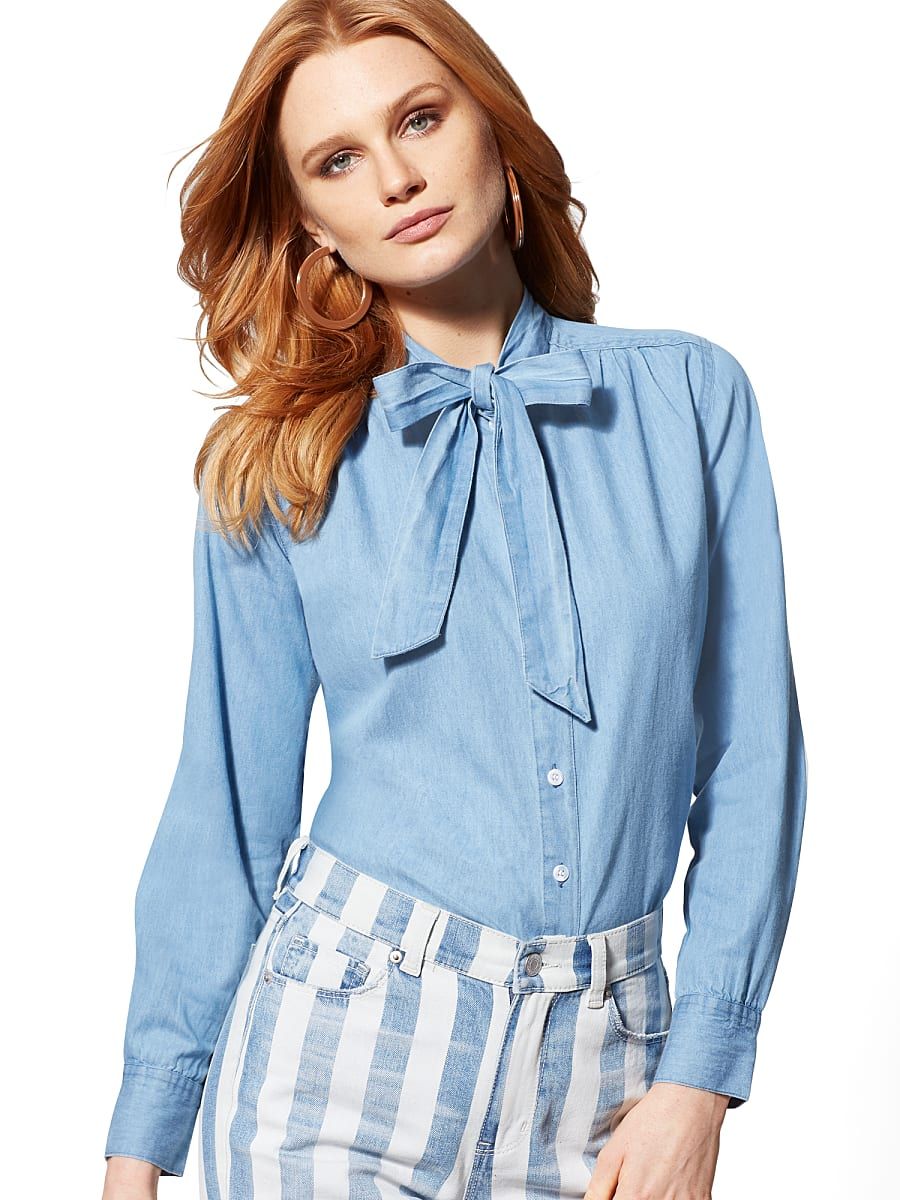 NY & Co Women's Denim Bow Shirt - Medium Blue Cotton | New York & Company