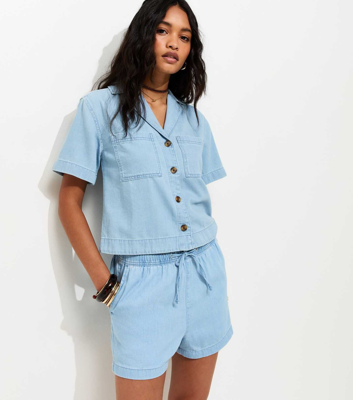 Light Blue Denim Pull On Drawstring Shorts | New Look | New Look (UK)