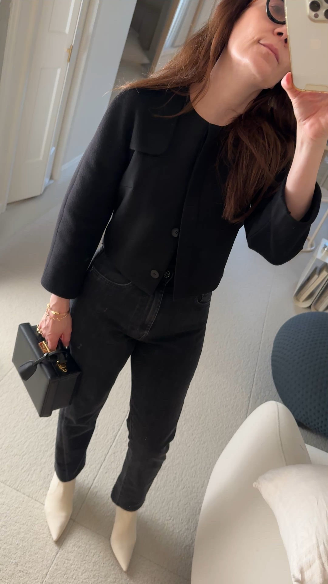 i love a contrast shoe when wearing all black.

the jacket is 15+ years old with new mark cross grace bag, toteme jeans  and stuart weitzman stretch booties. the jeans are a 25. im 5'1" for reference. 

#midlifestyle

#LTKOver40 #LTKStyleTip