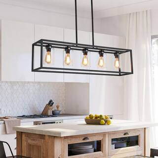 aiwen 5 -Light Black Unique Statement Square Rectangle Chandelier With Glass Shade DK-CIC-B5 - Th... | The Home Depot