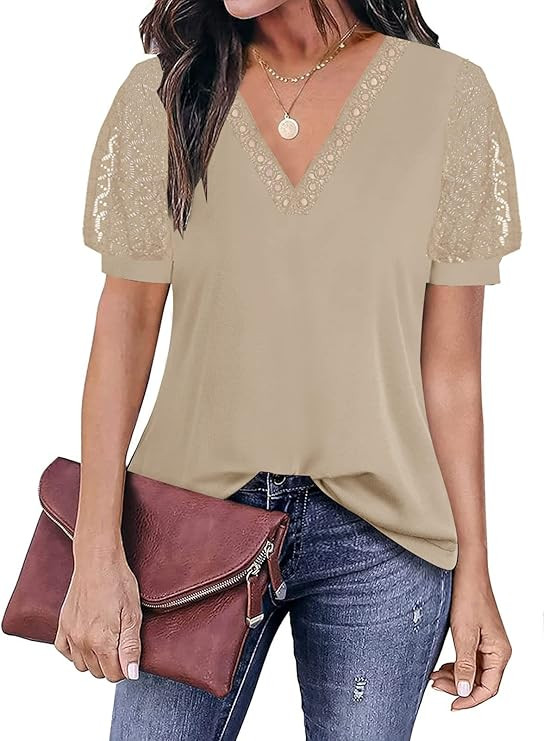 Womens Tops 2023 Trendy Summer Shirts Hollow Lace Puff Short Sleeve V Neck Blouses | Amazon (US)