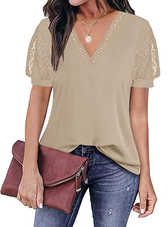 Womens Tops 2023 Trendy Summer Shirts Hollow Lace Puff Short Sleeve V Neck Blouses | Amazon (US)