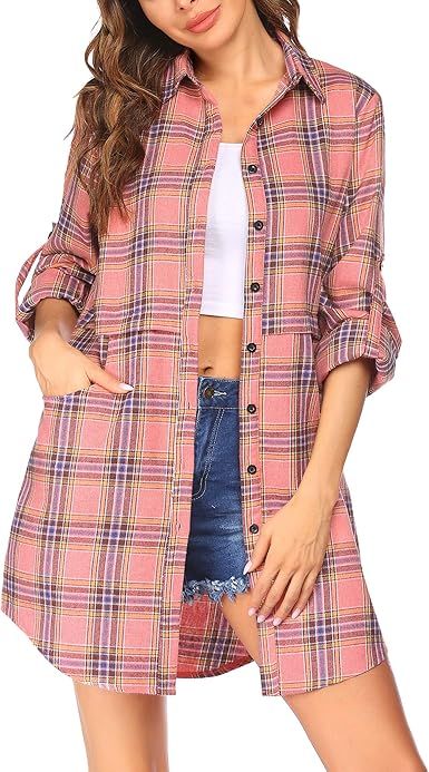 HOTOUCH Womens Flannel Plaid Shirts Roll Up Long Sleeve Pockets Mid-Long Casual Boyfriend Shirts | Amazon (US)