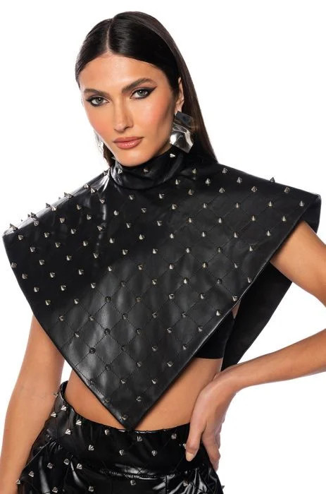 ARIA FAUX LEATHER STUD MOCK NECK TRIANGLE BLOUSE IN BLACK | AKIRA