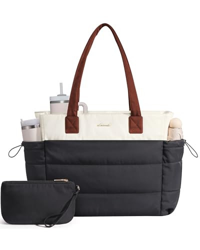 LOVEVOOK Tote Bag for Women with Giant Tumbler Holder Pocket, Puffer Work Travel Handbag with Zipper for Nurse Teacher, Quilted Cute Laptop Purse with Compartments for Office Gym, Black-Beige-Brown | Amazon (US)
