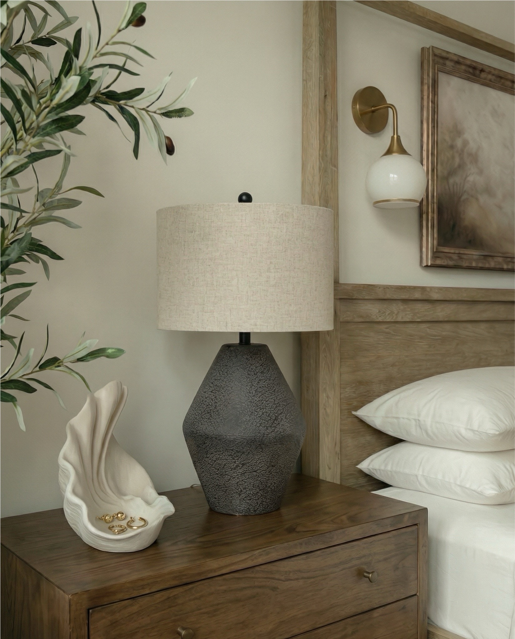 Wood canopy bed 
Brown leather upholstered bench
Brown knitted blanket
Brown throw pillows
Brown wood 3 drawer nightstands
Wall art
Glove wall lights
White tree planter
Black vase
Black table lamp
White decor bowl
Decor books
Wood dresser
Brown traditional rug 
Wood decor beads
Wood upholstered swivel chair
Wood end table
Green runner rug 
Faux olive tree 

#LTKSaleAlert #LTKHome