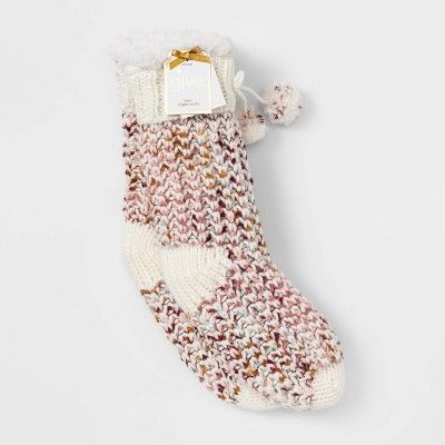 Women's Sweater Knit Sherpa Lined Slipper Socks with Grippers - Ivory 4-10 | Target