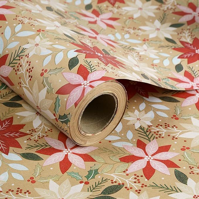 RUSPEPA Christmas Kraft Wrapping Paper - Flowers and Mistletoe Design - 24 Inches x 100 Feet | Amazon (US)