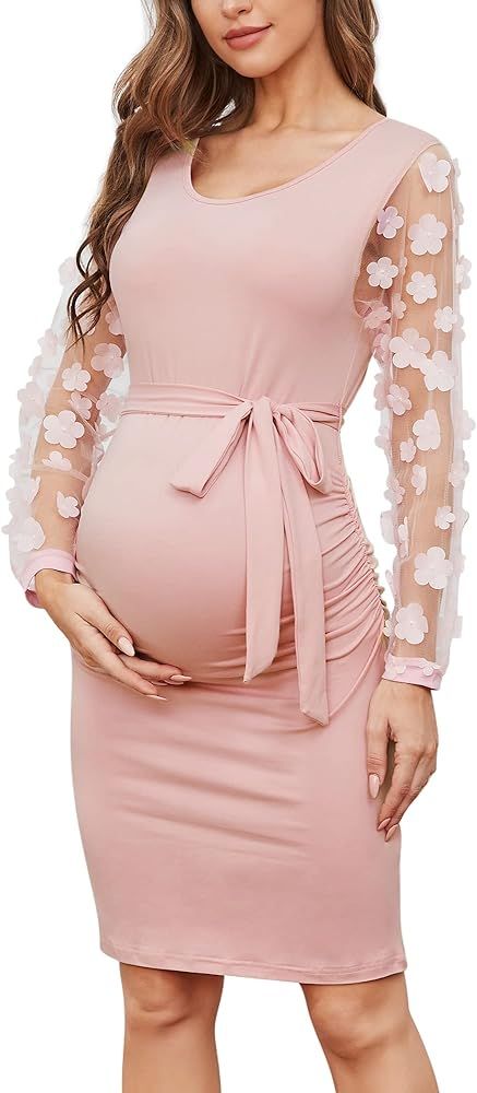 Floral Mesh Bishop Long Sleeve Maternity Midi Dress, Fall Maternity Bodycon Dress for Baby Shower... | Amazon (US)