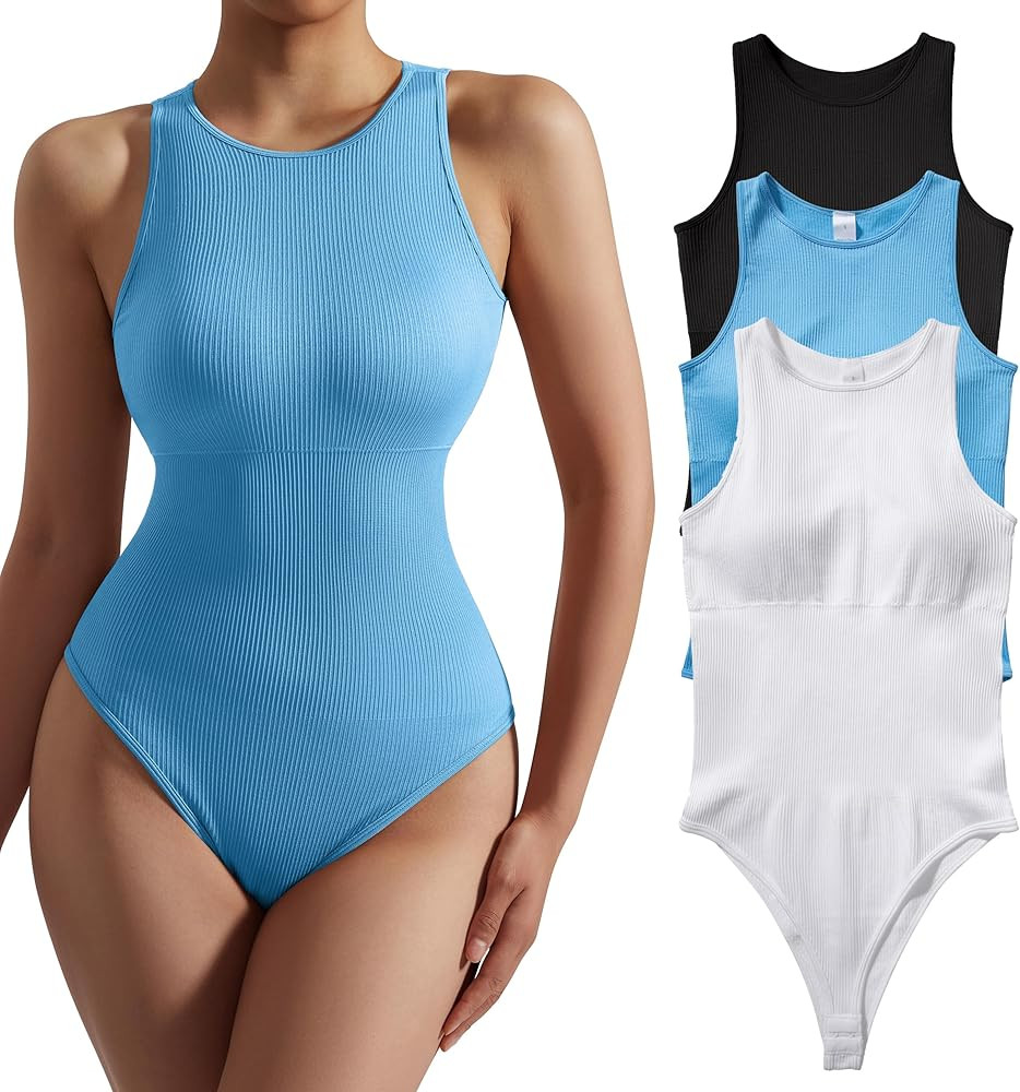 MOSHENGQI Women 3 Piece Ribbed Bodysuit Halter Neck Sleeveless Tank Tops Thong Shapewear | Amazon (US)