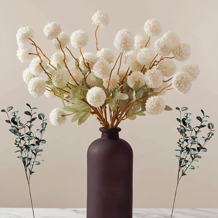 RyddeligHome White Faux Flowers for Vase - Kiku 10 Stems & Eucalyptus, Fake Flowers Stems for Pot... | Amazon (US)