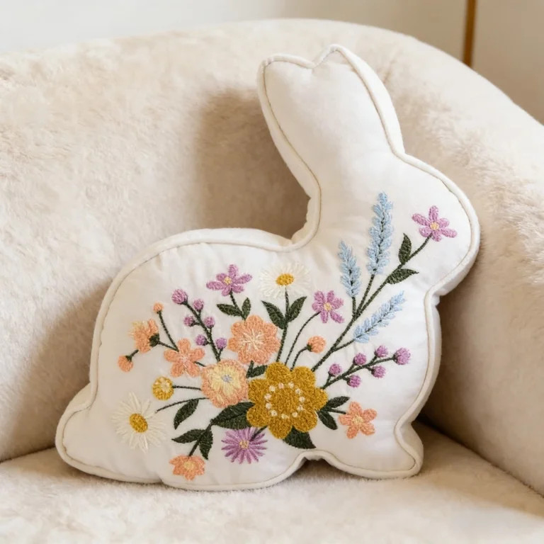 Easter Bunny Rabbit Shaped Pillow - Embroidered Floral Patterns, Spring Velvet Decorative Cushion... | Walmart (US)