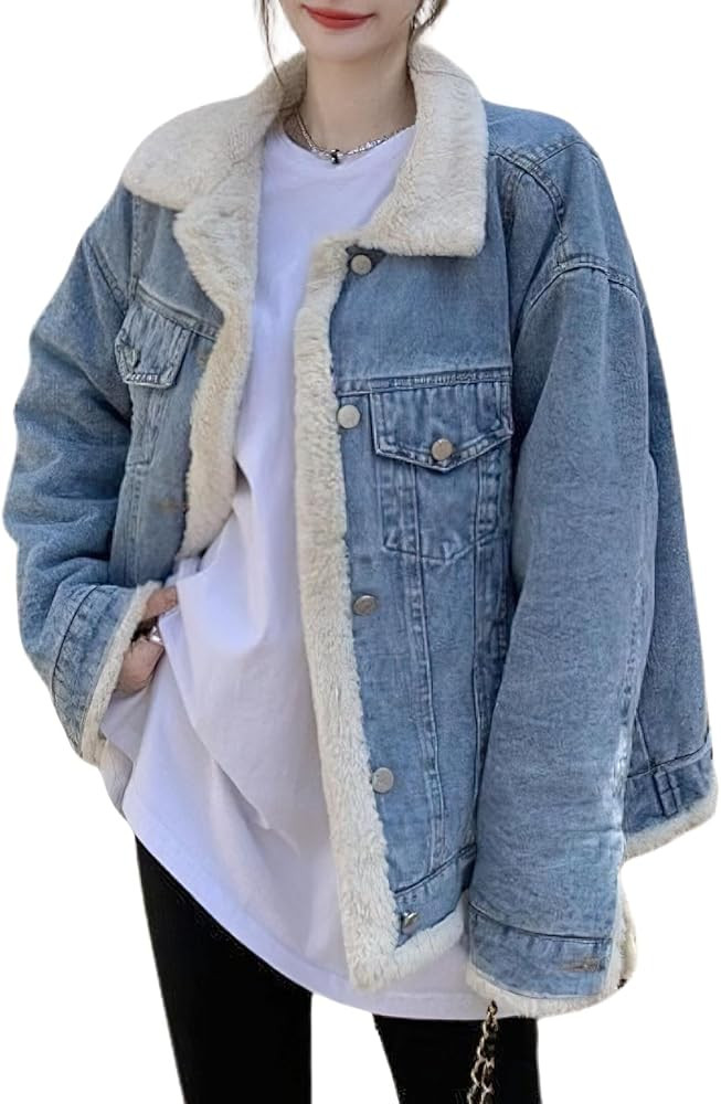 chouyatou Women's Reversible Warm Sherpa Notched Collar Jean Jacket Faux Fur Denim Coat Trucker J... | Amazon (US)