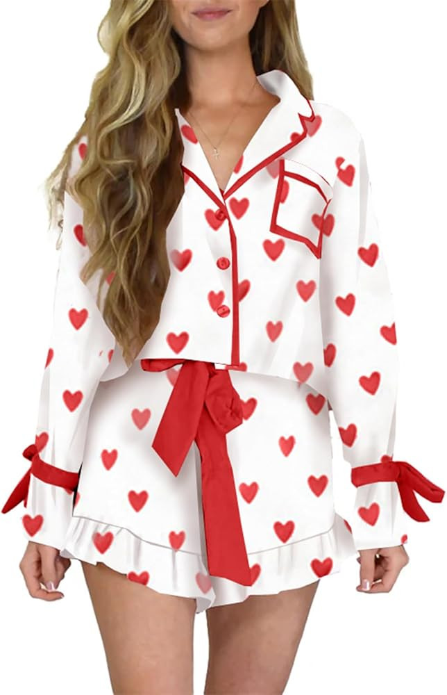 Argeousgor Women Cute Silk Pajamas Set Bow Pjs Long Sleeve Button Down Shirt Shorts Heart Lounge ... | Amazon (US)
