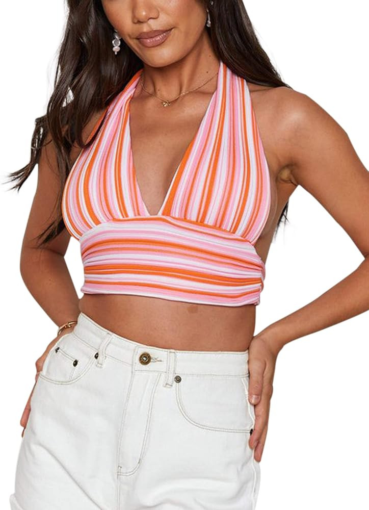 SAFRISIOR Women's Y2K Sexy Deep V Neck Knit Halter Crop Cami Top Tie Back Strip Sleeveless Vest B... | Amazon (US)