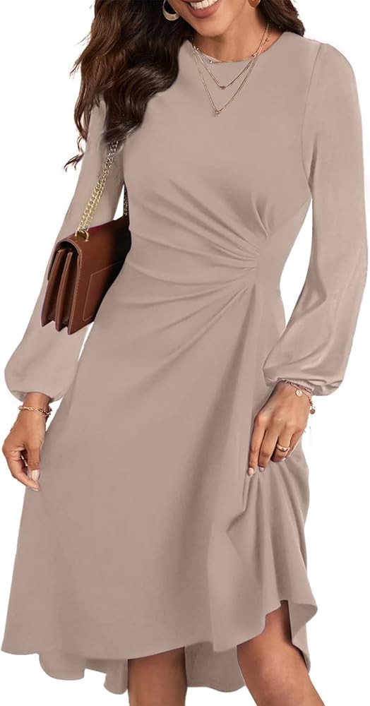 Happy Sailed Women's Fall Long Sleeve Ruched Waist Flowy A Line High Low Midi Cocktail Party Dres... | Amazon (US)