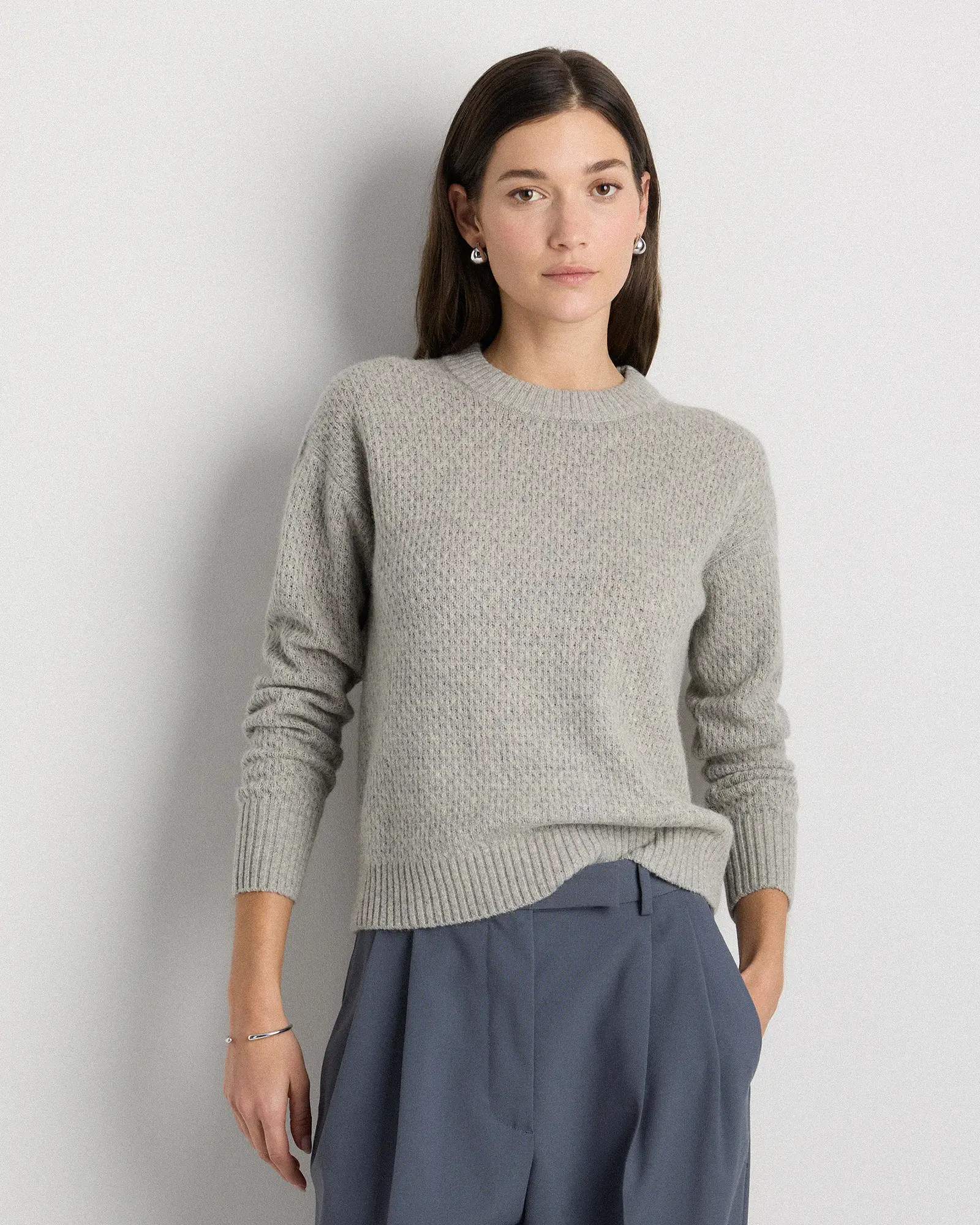 100% Yak Wool Diamond Stitch Crew in Warm Heather Grey | Quince