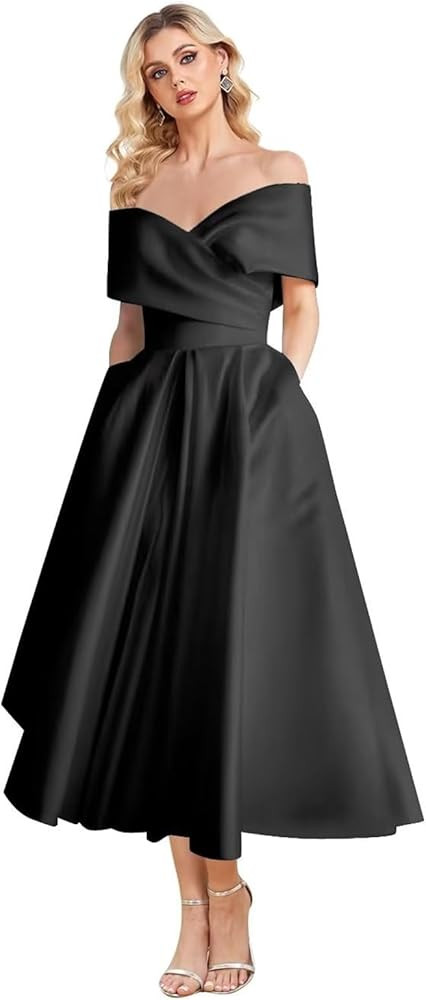 Women's Off Shoulder Wedding Dress for Bride Tea Length A Line Satin Formal Prom Dresses with Poc... | Amazon (US)