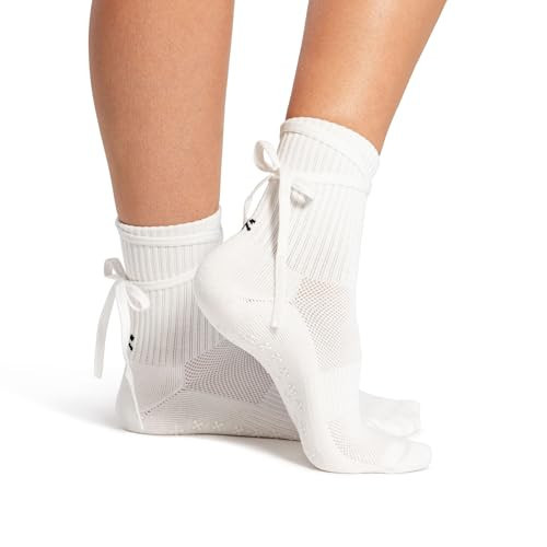 Kamo Fitness Pilates Socks with Grips for Women - Non-Slip Yoga, Barre Grip Sock - Grippy Cotton Crew Socks for Pilates, Yoga, Ballet, Reformer (White Strip Style, One Size) | Amazon (US)