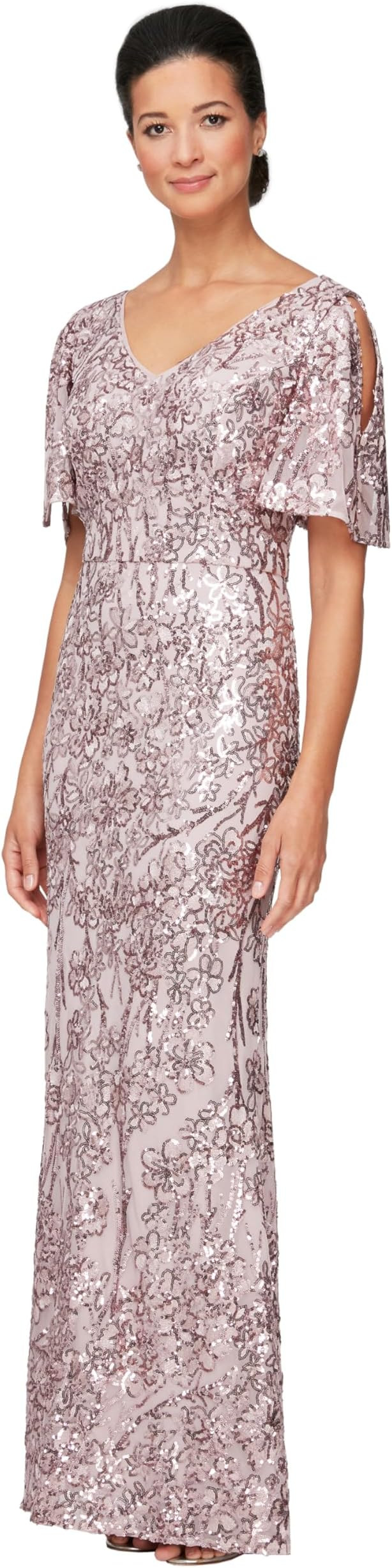 Alex Evenings Women's Long Mother of The Bride Sequin Dress with Cold Shoulder Flutter Sleeves (P... | Amazon (US)